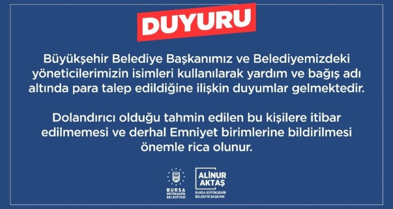 Bursa Büyükşehir Belediyesinden Dolandırıcılık Uyarısı