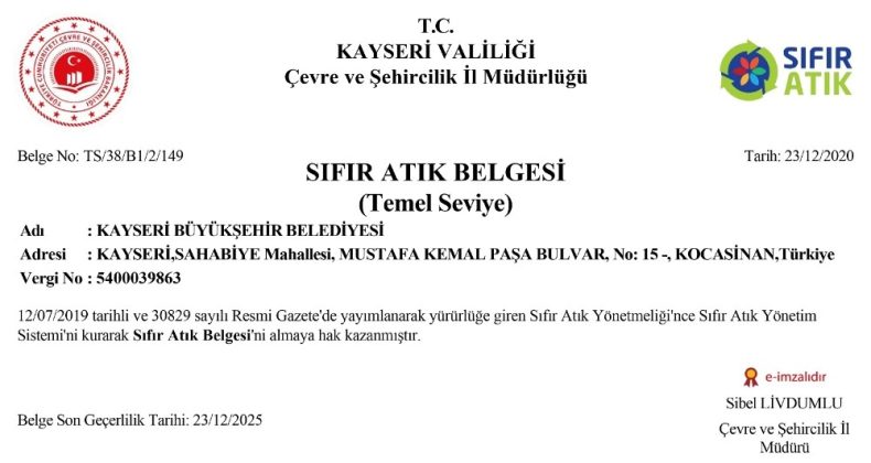 Kayseri Büyükşehir Belediyesi ’Sıfır Atık’ belgesi aldı