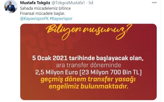 Tokgöz: “Kayserispor’un transfer yasağı bulunuyor”