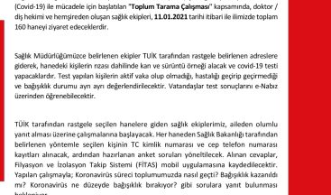 Sinop’ta 160 haneye korona virüsü taraması yapılacak